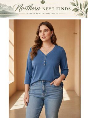 Plus Size 3/4 Sleeve Button Down Blouse Tunic L-4XL